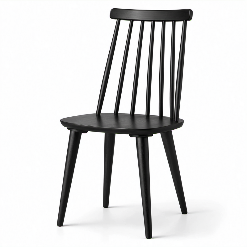 Sedia in legno nero con schienale alto a listelli, 48 × 52 × 88 cm