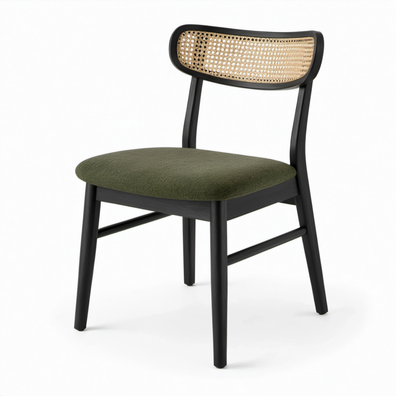 Sedia in legno nero 50 × 55 × 80 cm con seduta verde oliva e schienale in rattan naturale intrecciato