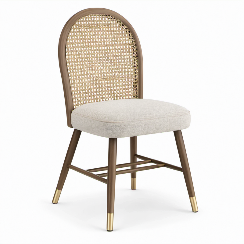 Sedia da pranzo in legno e rattan con seduta imbottita, Marrone naturale/Beige/Oro, 50 × 57 × 88 cm