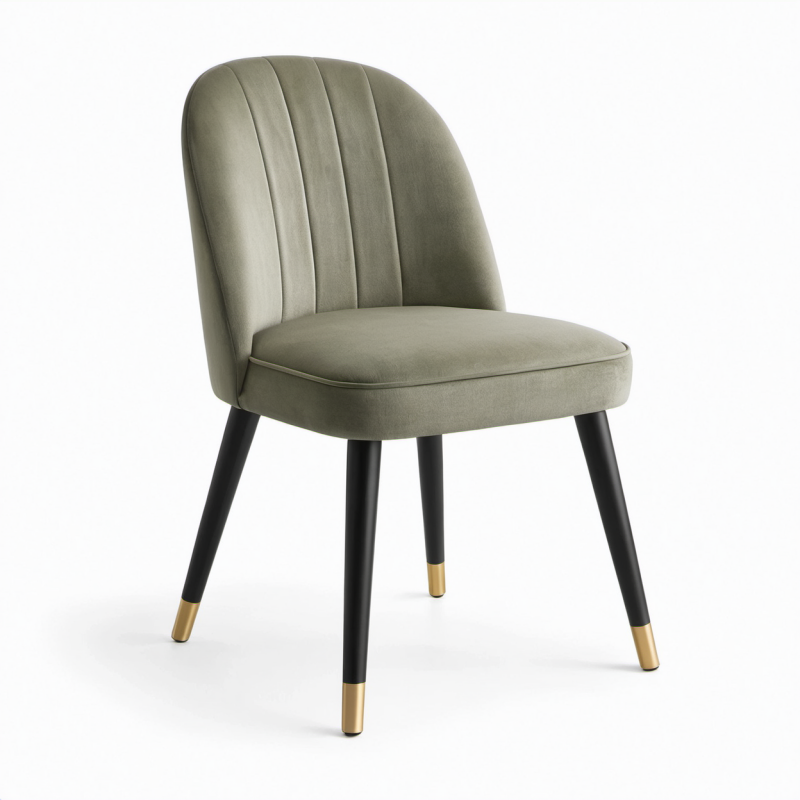 Sedia da pranzo imbottita in velluto verde oliva con schienale scanalato, 52 × 58 × 82 cm