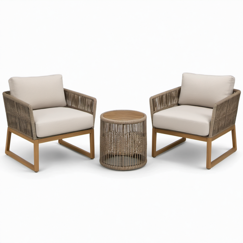 Set da giardino 3 pezzi con 2 poltrone 76×78×79 cm e tavolino rotondo Ø 50×52 cm, beige, tortora e marrone