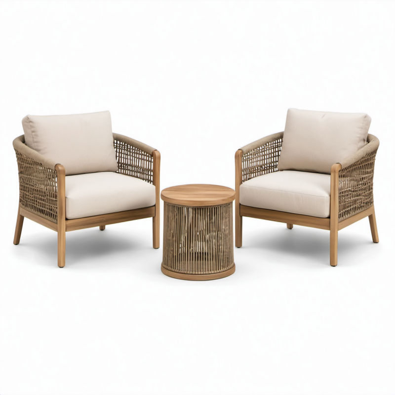 Set da giardino beige e marrone chiaro, 2 poltrone da 72 × 76 × 80 cm e tavolino rotondo Ø 50 × 48 cm