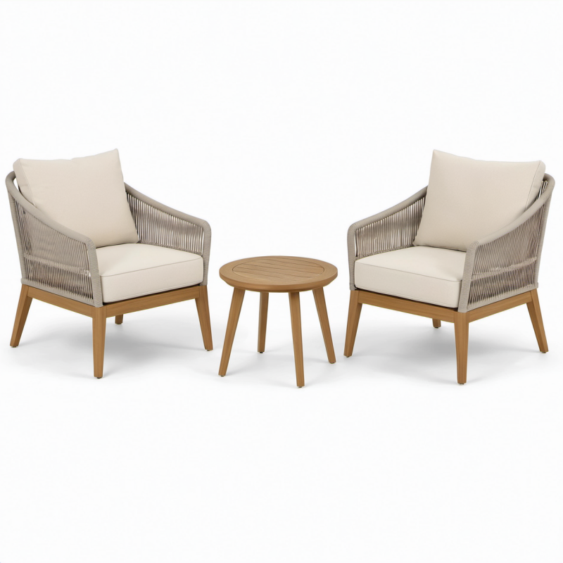 Set da giardino moderno da 3 pezzi con 2 poltrone 72 × 78 × 82 cm e tavolino rotondo Ø 55 × 45 cm, beige, tortora e marrone naturale
