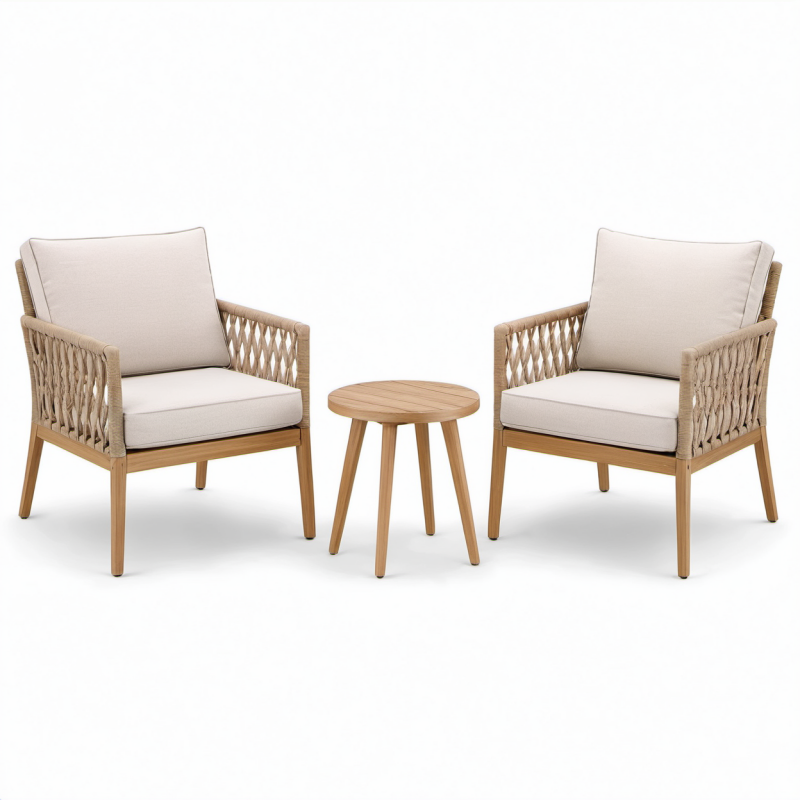 Set da giardino 3 pezzi con 2 poltrone 72 × 76 × 82 cm e tavolino Ø 50 × 45 cm, beige e marrone naturale