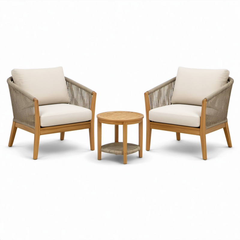 Set da giardino 3 pezzi con 2 poltrone 74×78×82 cm e tavolino Ø50×50 cm in legno e corda beige