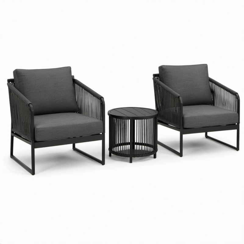 Set da giardino 3 pezzi nero e grigio antracite, 2 poltrone da 77 × 76 × 79 cm e tavolino Ø 50 × 50 cm