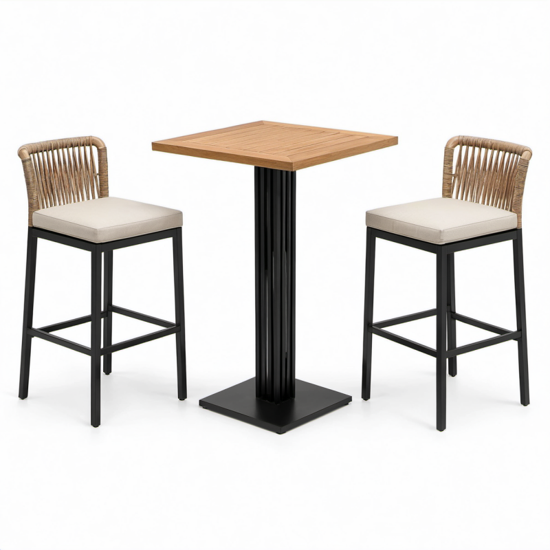 Set da bar da esterno 3 pezzi con tavolo 70 x 70 x 105 cm e 2 sgabelli 48 x 50 x 103 cm, nero, marrone naturale e beige