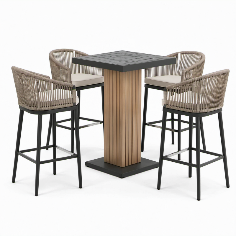 Set da bar da giardino con tavolo 90 × 90 × 105 cm e 4 sgabelli 58 × 60 × 103 cm, Tortora/Nero/Marrone/Avorio