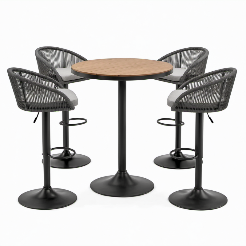 Set da bar da esterno 5 pezzi con tavolo rotondo Ø 100 × 105 cm e 4 sgabelli 58 × 55 × 95 cm, nero, grigio e marrone