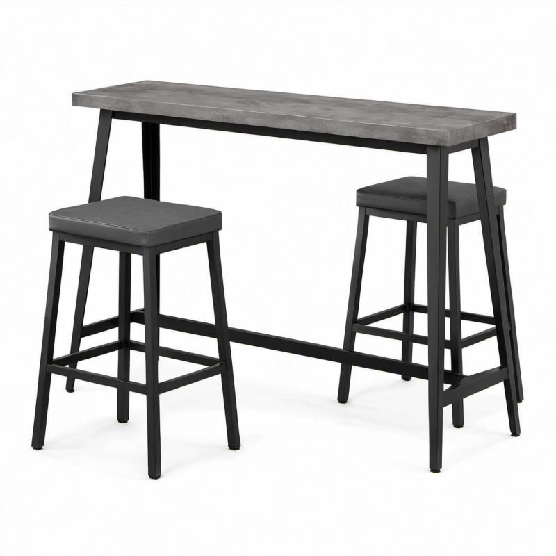 Tavolo da bar con 2 sgabelli, 120 × 40 × 90 cm, grigio e nero, stile industriale