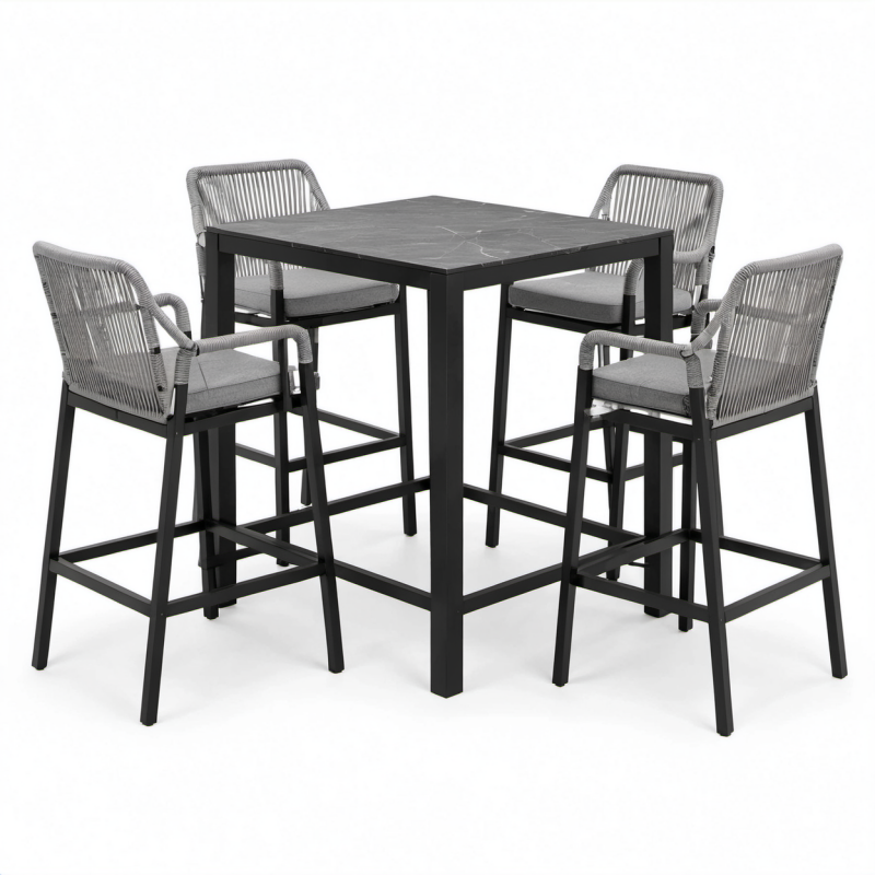 Set da pranzo da esterno 5 pezzi con tavolo 90×90×105 cm e 4 sedie 58×60×108 cm, nero e grigio, piano effetto marmo