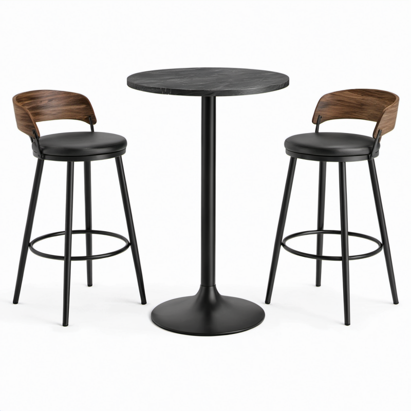 Set da bar 3 pezzi nero e marrone con tavolo rotondo Ø 70 × 100 cm e 2 sgabelli 52 × 49 × 92 cm